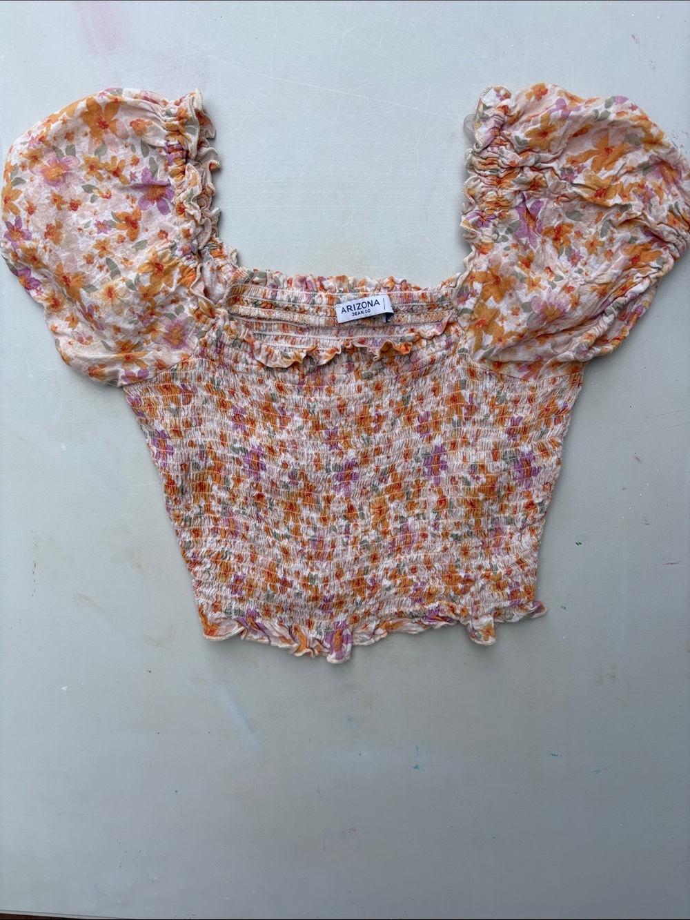 Arizona Jean Company Floral Smocked Puff Sleeve Crop Top Medium